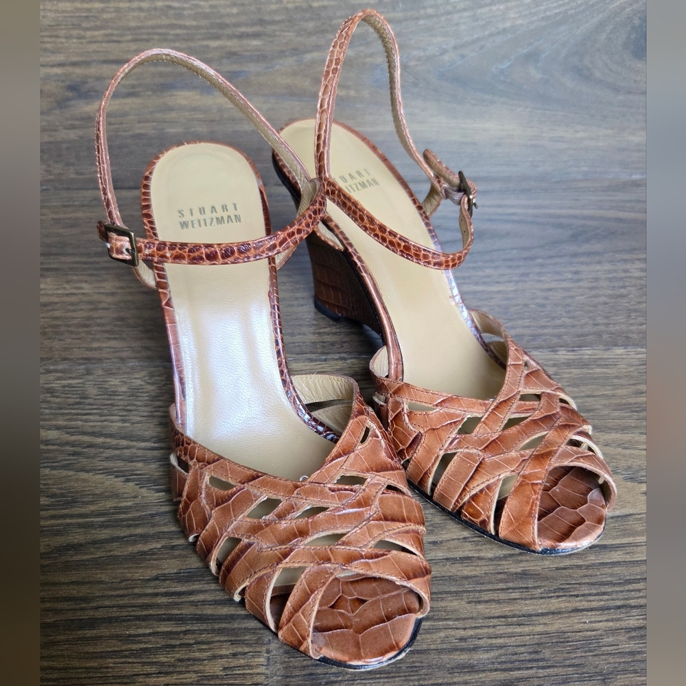 Stuart Weitzman Tan Strappy Sandals with Woven Design